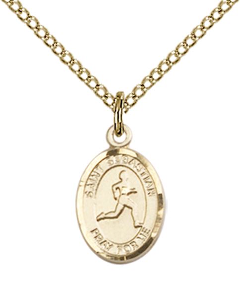 14KT GOLD FILLED ST SEBASTIAN-TRACK & FIELD PENDANT WITH CHAIN - 1/2" x 1/4"