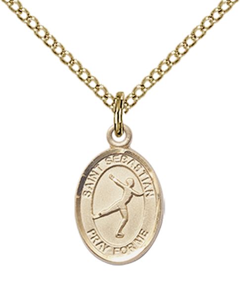 14KT GOLD FILLED ST SEBASTIAN-FIGURE SKATING PENDANT WITH CHAIN - 1/2" x 1/4"