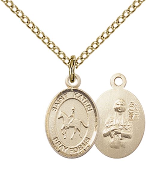 14KT GOLD FILLED ST KATERI-EQUESTRIAN PENDANT WITH CHAIN - 1/2" x 1/4"