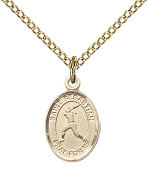14KT GOLD FILLED ST SEBASTIAN-SOFTBALL PENDANT WITH CHAIN - 1/2" x 1/4"
