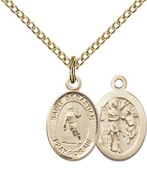 14KT GOLD FILLED ST SEBASTIAN-RUGBY PENDANT WITH CHAIN - 1/2" x 1/4"