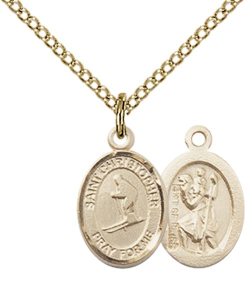 14KT GOLD FILLED ST CHRISTOPHER-SKIING PENDANT WITH CHAIN - 1/2" x 1/4"
