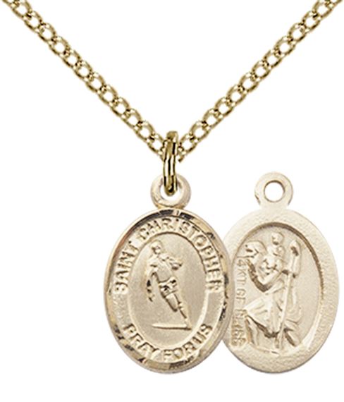 14KT GOLD FILLED ST CHRISTOPHER-RUGBY PENDANT WITH CHAIN - 1/2" x 1/4"