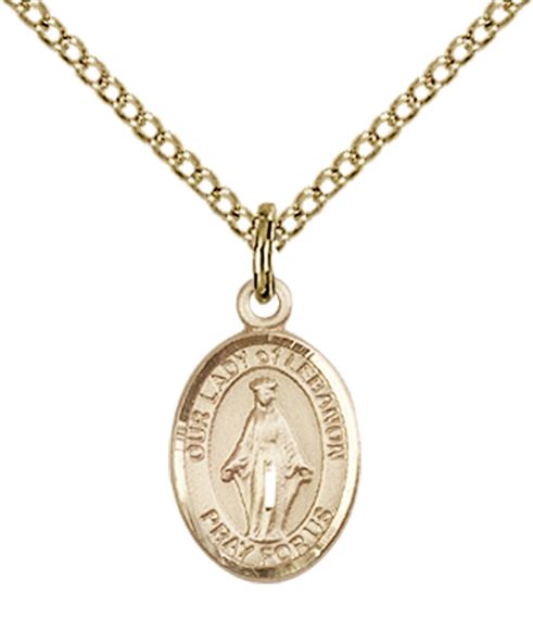 14KT GOLD FILLED OUR LADY OF LEBANON PENDANT WITH CHAIN - 1/2" x 1/4"
