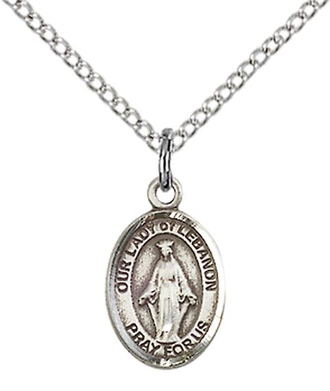 STERLING SILVER OUR LADY OF LEBANON PENDANT WITH CHAIN - 1/2" x 1/4"