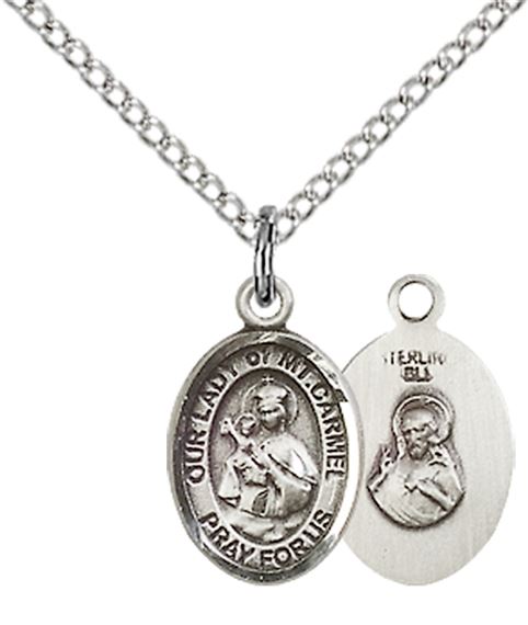 STERLING SILVER OUR LADY OF MOUNT CARMEL PENDANT WITH CHAIN - 1/2" x 1/4"