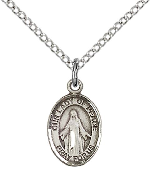 STERLING SILVER OUR LADY OF PEACE PENDANT WITH CHAIN - 1/2" x 1/4"
