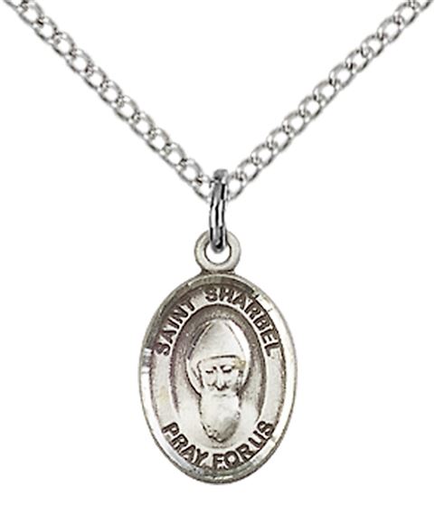 STERLING SILVER ST SHARBEL PENDANT WITH CHAIN - 1/2" x 1/4"