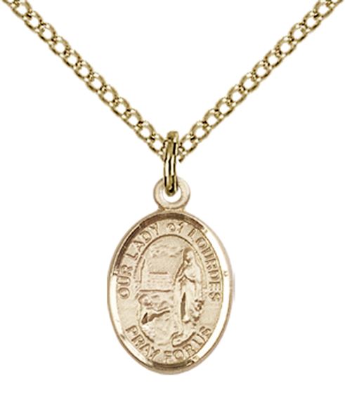 14KT GOLD FILLED OUR LADY OF LOURDES PENDANT WITH CHAIN - 1/2" x 1/4"