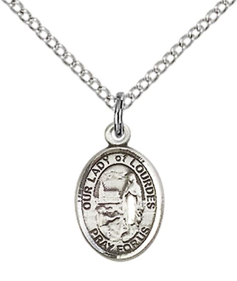 STERLING SILVER OUR LADY OF LOURDES PENDANT WITH CHAIN - 1/2" x 1/4"