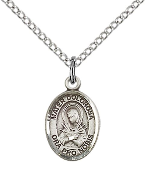 STERLING SILVER MATER DOLOROSA PENDANT WITH CHAIN - 1/2" x 1/4"