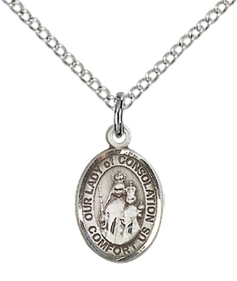 STERLING SILVER OUR LADY OF CONSOLATION PENDANT WITH CHAIN - 1/2" x 1/4"