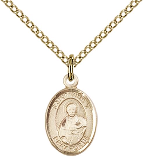 14KT GOLD FILLED ST PIUS X PENDANT WITH CHAIN - 1/2" x 1/4"