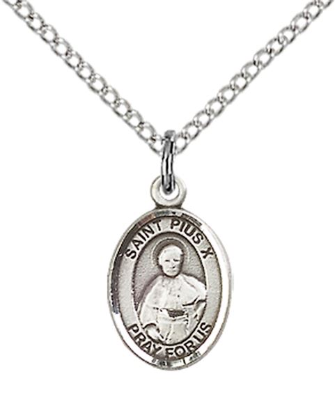 STERLING SILVER ST PIUS X PENDANT WITH CHAIN - 1/2" x 1/4"
