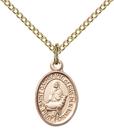 14KT GOLD FILLED ST CATHERINE OF SWEDEN PENDANT WITH CHAIN - 1/2" x 1/4"