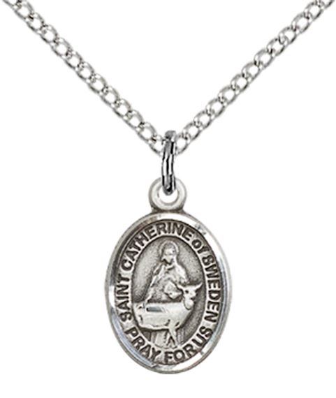 STERLING SILVER ST CATHERINE OF SWEDEN PENDANT WITH CHAIN - 1/2" x 1/4"