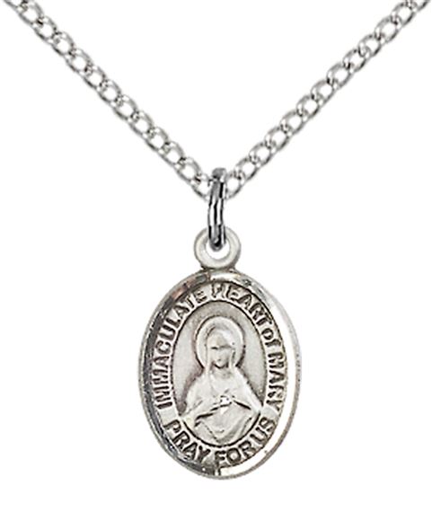 STERLING SILVER IMMACULATE HEART OF MARY PENDANT WITH CHAIN - 1/2" x 1/4"