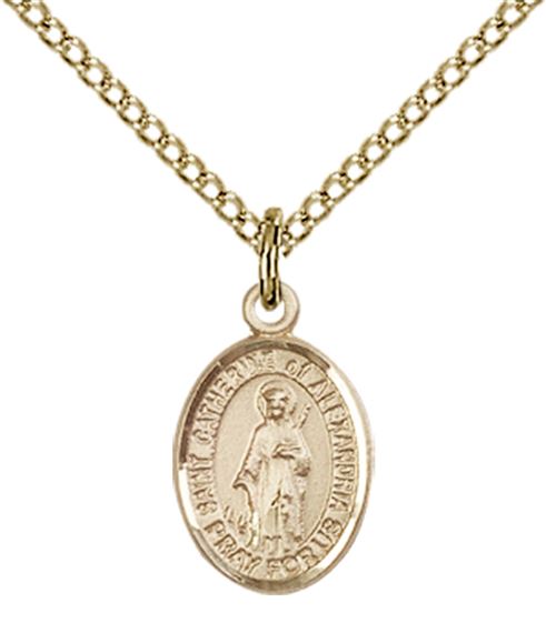 14KT GOLD FILLED ST CATHERINE OF ALEXANDRIA PENDANT WITH CHAIN - 1/2" x 1/4"