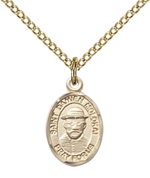 14KT GOLD FILLED ST DAMIEN OF MOLOKAI PENDANT WITH CHAIN - 1/2" x 1/4"