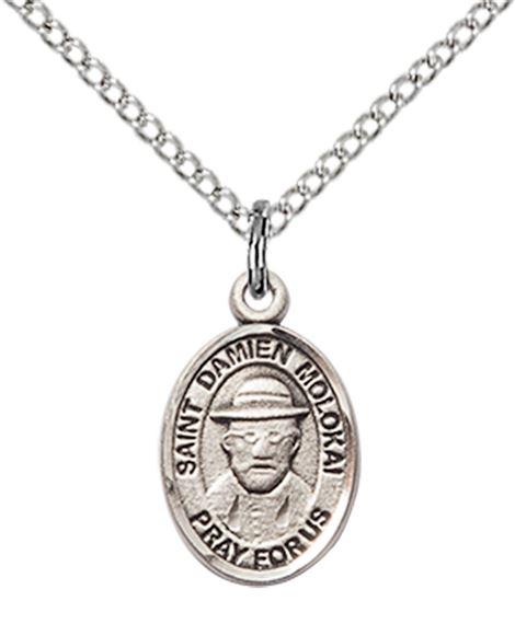 STERLING SILVER ST DAMIEN OF MOLOKAI PENDANT WITH CHAIN - 1/2" x 1/4"