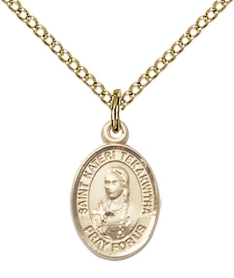 14KT GOLD FILLED ST KATERI TEKAKWITHA PENDANT WITH CHAIN - 1/2" x 1/4"