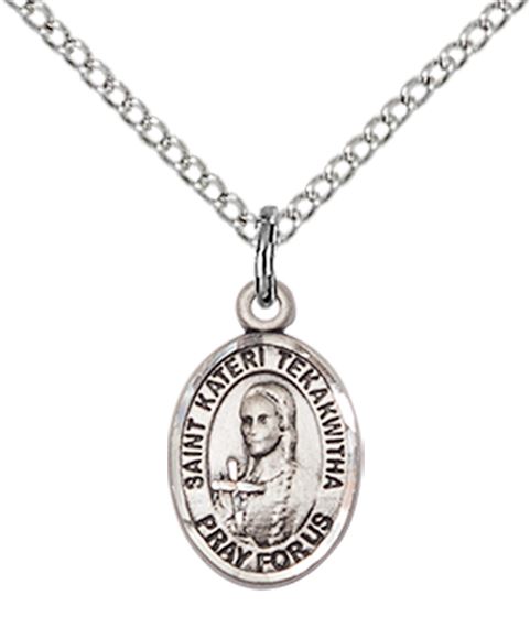STERLING SILVER ST KATERI TEKAKWITHA PENDANT WITH CHAIN - 1/2" x 1/4"