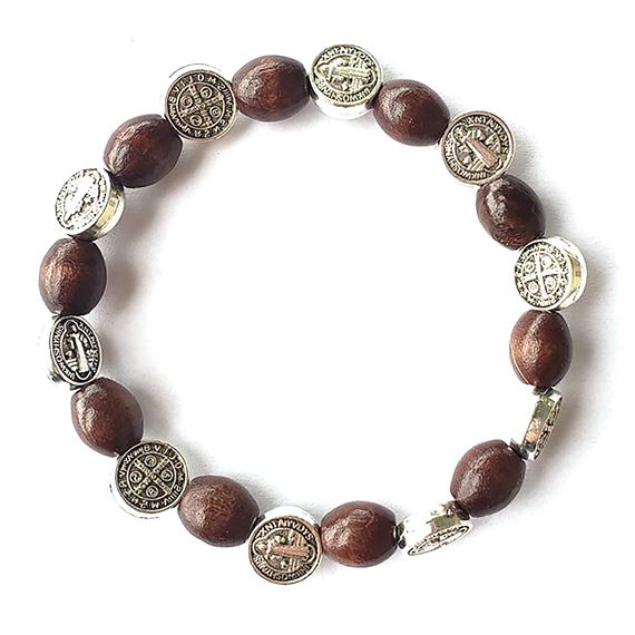 WOOD BEAD STRETCH BRACELET WITH ST. BENEDICT MEDALS