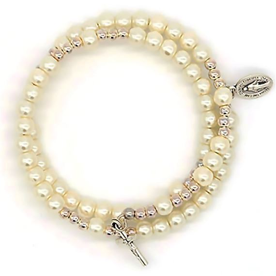 CREAM COLORED WRAP ROSARY BRACELET WITH MIRACULOUS MEDAL