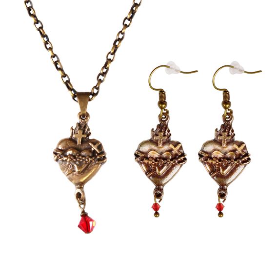 BRONZE TWO HEARTS NECKLACE & EARRING SET