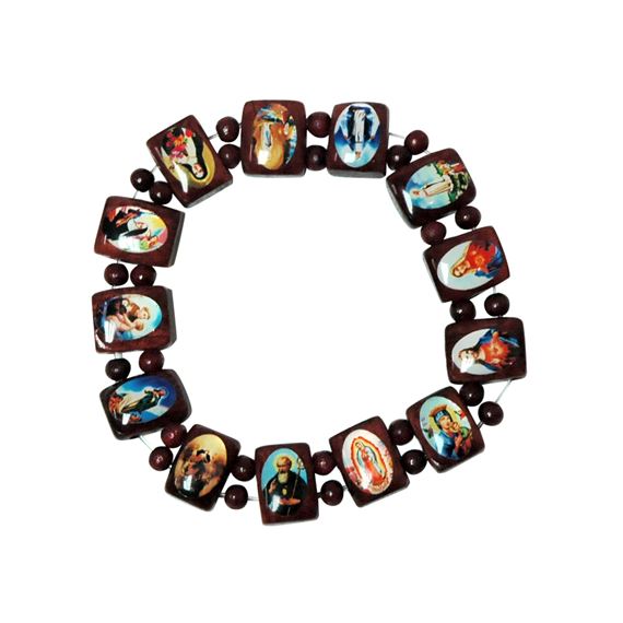 BROWN WOOD BRACELET WITH RELIGIOUS IMAGES