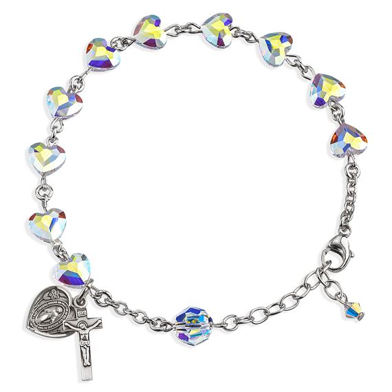 Silver Crystal Heart Rosary Bracelet - Miraculous Medal and Crucifix
