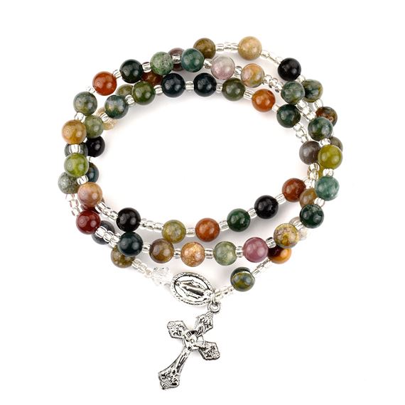 INDIAN AGATE TWISTABLE WRAP ROSARY BRACELET WITH MIRACULOUS MEDAL