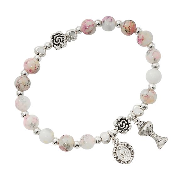 FIRST COMMUNION STRETCH BRACELET PINK MARBLE
