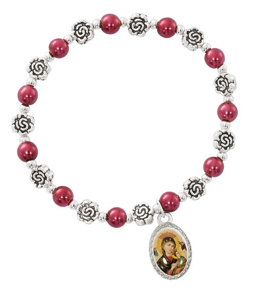 OUR LADY OF PERPETUAL HELP BURGUNDY PEARL BEAD STRETCH BRACELET