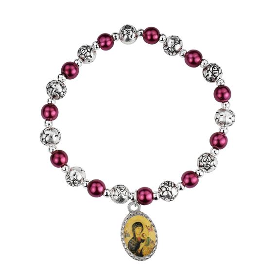 OUR LADY OF PERPETUAL HELP BURGUNDY PEARL BEAD STRETCH BRACELET