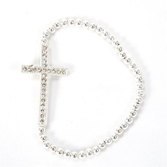 SILVER BEADED CROSS STRETCH BRACELET