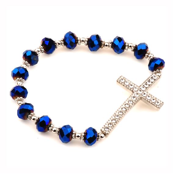SILVER & BLUE CRYSTAL CROSS STRETCH BRACELET
