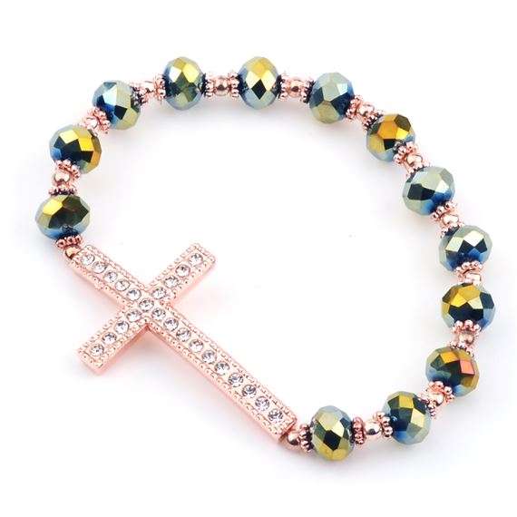 COPPER & GREEN CRYSTAL CROSS STRETCH BRACELET