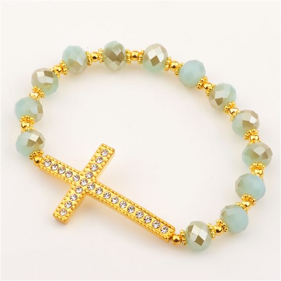 GOLD & AQUA CRYSTAL CROSS STRETCH BRACELET