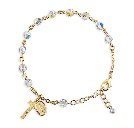 GOLD PLATED STERLING SILVER ROSARY BRACELET WITH AUSTRIAN CRYSTAL BEADS