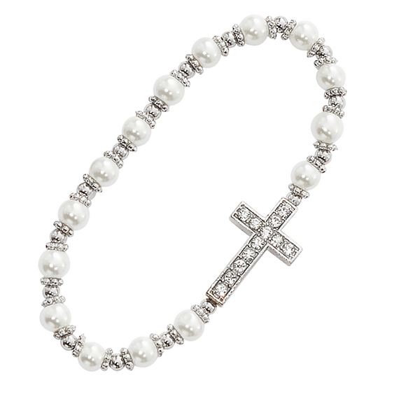 CHILD'S PEARL STONE CROSS STRETCH BRACELET