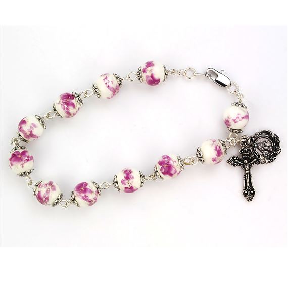 CERAMIC BEAD ROSARY BRACELET (PURPLE FLOWERS)