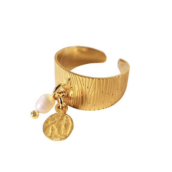 CIGAR BAND RING (WITH PETITE VINTAGE MEDAL & PEARL) - OUR LADY OF LOURDES