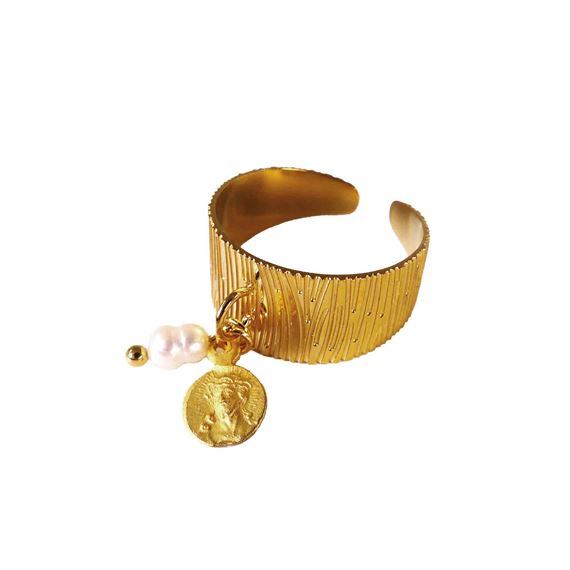 CIGAR BAND RING (WITH PETITE VINTAGE MEDAL & PEARL) - JESUS