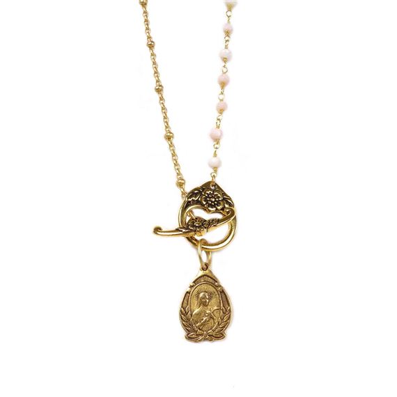 PINK OPAL LARIAT NECKLACE (22") - ST. THERESE MEDAL