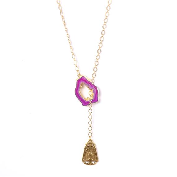 LARIAT NECKLACE (16"-18") - MIRACULOUS MEDAL WITH PINK AGATE