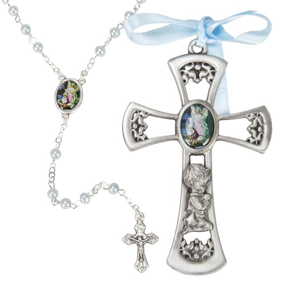 PEWTER CRIB CROSS AND ROSARY SET - BOY