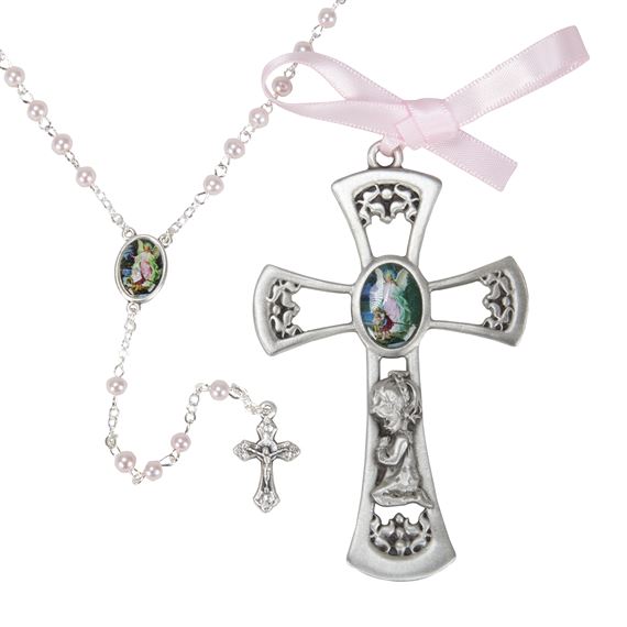 PEWTER CRIB CROSS AND ROSARY SET - GIRL