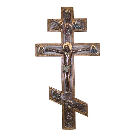 BYZANTINE THREE BAR CRUCIFIX - COLD CAST BRONZE & PRAYER CARD