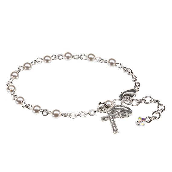 WHITE BEAD ROSARY BRACELET - PEWTER MIRACULOUS MEDAL